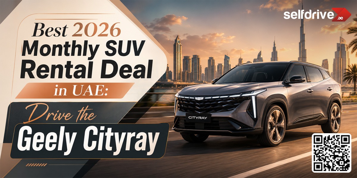 Silver Geely Cityray SUV driving on a road with Dubai skyline in the background, advertising a monthly rental deal.